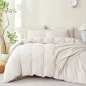 Dusty Pink Comforter Set Queen Size Soft Luxury Washed Microfiber Jacquard 3 Pieces Bedding Set, White Dusty Pink Vertical Ticking Stripes Comforter with 2 Pillowcases Breathable Durable Comfy