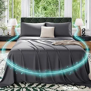 SONORO KATE Silver Infused Bed Sheets, 100% Viscose Derived from Bamboo_, Self-Cleaning Technology Breathable & Cooling Sheets, Hypoallergeni 3X Freshness Sleep, 16" Deep - 4PC (Dark Grey,Queen)