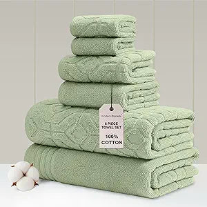 Modern Threads 6 Piece Cotton Bath Towel Set  Ultra Soft 550 GSM Towels  Bathroom Set with Hand Towels and Washcloths  Geometric (Soft Olive)