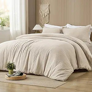 PHF Cotton Muslin Comforter Set Queen  100% Cotton Cover, Ultra Soft & Breathable, 3PCS Lightweight All-Season Bedding with Polyester Fill, 1 Comforter 90"x90" & 2 Pillow Shams 20"x26", Natural