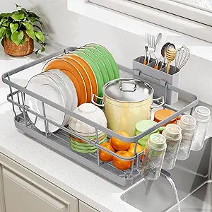 TOOLF Dish Drying Rack, Dish Racks for Kitchen Counter, Stainless Steel Sink Organization and Storage Essentials with Cutlery Holder, Dish Drainer, Home and Apartment Decor, 12.4''W x 16.5''L, Gray