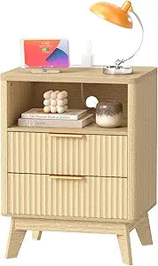 Turosur Night Stand with Charging Station, Fluted Nightstand with 2 Drawers, Wood Bedside Table with Open Storage, Modern Nightstands for Bedroom, Natural
