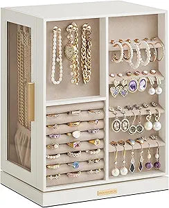SONGMICS Jewelry Box 360 Rotating, Jewelry Storage Case with 5 Drawers, Jewelry Organizer, Glass Window, Spacious, Vertical Jewelry Storage, Open Design, Great Gift, Cloud White UJBC170W01