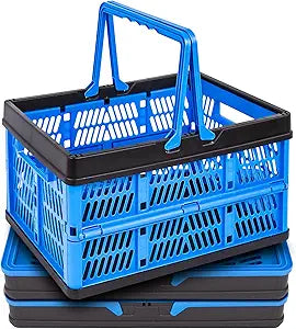 3-Pack Collapsible Storage Baskets, Stackable Plastic Crates with Handles for Freezer Organization, Grocery Shopping, RV Camping & Home Storage, Holds 20 lbs Each, Folds Flat to 1.7"