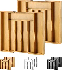 2-Piece Bamboo Silverware Organizer, Expandable Kitchen Drawer Organizer for Cutlery and Utensils, Multifunction Adjustable Bamboo Wood Cutlery Tray in Drawer for Flatware, (Natural)