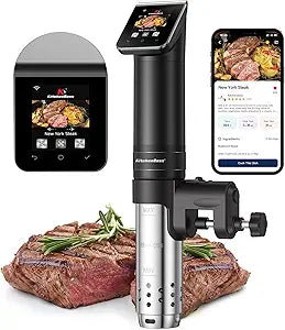 KitchenBoss WIFI Sous Vide Cooker: Ultra-Quiet Sous-vide Cooking Machine 1100 Watts Stainless Steel Immersion Circulator for Kitchen with TFT Preset Recipes (Black)