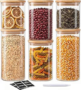 SENTVEND 24 Oz/ 37 Oz/ 51 Oz Glass Storage Jars with Bamboo Lids - 6 Pack Clear Glass Canisters Square Airtight Stackable Ideal for Pantry Storage Containers Great for Cereal Coffee Beans Snacks etc