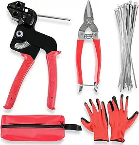 Steel Cable Tie Gun, 150PCS 304 Stainless Steel Zip Tie, Scissors for Chain Link Fence Tensioning, Chicken Wire Frame Cutting Bundling, Heavy Duty Fencing Tool