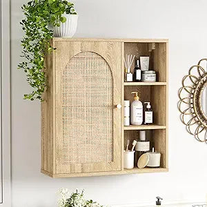 Rattan Bathroom Wall Cabinet with Door, Boho Medicine Wall Cabinets with Adjustable Shelves, Tall Kitchen Wall Mounted Storage Cabinet, Floating Hanging Cabinet Space Saver for Laundry Room, Natural