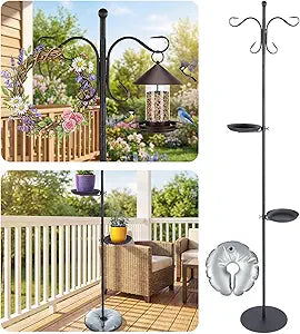 1 Set Upgraded 75.9" Shepherds Hook for Bird Feeder, Hanging Plant Wind Chime Stand, Metal Adjustable Standing Pole Holder for Indoor Outdoor, with 2 Rack & Weight Bag (2 Hooks)