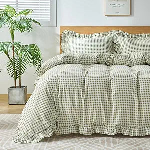Gingham Duvet Cover Queen Size, 3 Pieces Soft Breathable Microfiber Plaid Duvet Cover with Zipper Closure & 2 Pillow Shams, Ruffle Farmhouse Vintage Decor, Sage Green