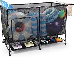 270Gal Pool Storage Rack with Bottom Tabletop and Zippered Door, 360 Swivel Wheels, Durable Material, Easy to Assemble, Suitable for Indoor, Outdoor, Poolside and Other Scenarios(L Sizes)