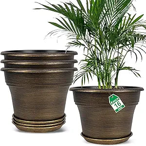 16 inch Plant Pots Outdoor Planters4 Pack Large Plastic Flower Pot For Indoor Plants With Drainage Holes & Saucer, Resin Decorative Container Sets With Trays For House Outdoor Garden Plant Dark Gold