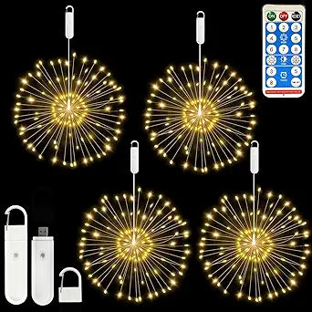 FOOING 4 Pack Firework Lights LED, Hanging Christmas Lights, 8 Modes USB Rechargeable Battery Operated Fairy Light with Remote, Twinkle Star String Lights for Party Christmas Decoration Outdoor Indoor