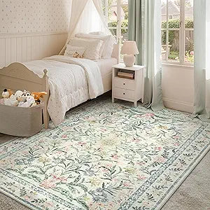 Morebes Floral Machine Washable Area Rugs 5x7, Vintage Boho Nursery Rug Girl Non-Slip, Flower Indoor Floor Throw Carpet for Living Room Bedroom Kitchen Playroom Home, White/Multi