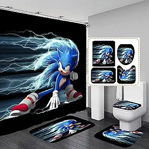 Bathroom 4 Pieces Set Super Sonic Shower Curtain, Toilet Lid Cover and Bath Mat, Non-Slip Rugs, Durable and Waterproof, for Bathroom Decor Set, 72" x 72"