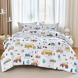 WINLIFE Construction Twin Comforter Set for Boys 3-Piece Teen Kids Bedding Reversible Lightweight Microfiber Forest Vehicles Car Bed Set