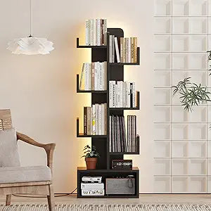 Qupui 6 Tier Book Shelf with LED Lights, 47" Tall Floor Standing Bookshelf, Classical Corner Kids Bookcase, Tall Wood Book Storage for Bedroom, Living Room, Home Office, Black