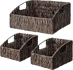 Rattan Storage Baskets, Handwoven Wicker Storage Bins with Built-in Handles, Storage Container Baskets for Shelves, Bedroom, Bathroom, Laundry Room or Kitchen(Black)