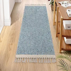 Lahome Belle Boho Kitchen Runner Rugs, 2x6 Laundry Room Rug Lightweight Bathroom Runner Woven Cotton Throw Mat with Tassels, Farmhouse Washable Blue Rug Low Pile Runners for Hallways Entry