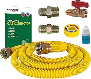 PROCURU 5/8" OD x 48" (4Ft) Flexible Gas Connector Kit with 3/4" Straight Valve for Stove Range, Furnace, WeatherProof Stainless Steel Pipe with SafeGuard Coating (Green-SV Series)