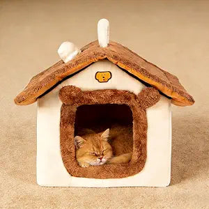 Cat Bed for Indoor Cats, Cartoon Pattern Cat Cave Bed with Handle Design, Soft Cat Hideaway Indoor, Lovely Cat House for Kitten, Puppy & Small Pets(L)