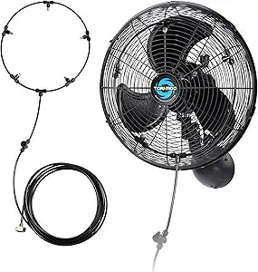 Tornado 16 Inch Outdoor Wall Mount Fan with Pre-Installed Misting Kit for Patio Barn Greenhouse, 3-Speed Ball Bearing Motor, 3300 CFM High Velocity, IPX4 Water-Resistant, 5 Brass Nozzles Misting