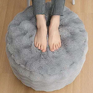 Round Stuffed Pouf Ottoman with Foam Chunk Filling, Furry and Fluffy Pouf Foot Stool Storage Ottoman, 20 X 15 Floor Poufs Foot Rest for Living Room Bedroom Home Decor, Gray