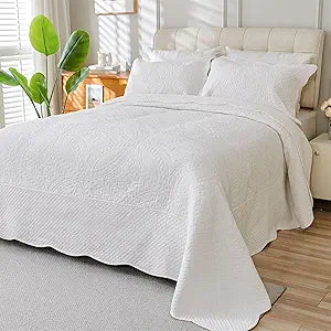 Cmfshape 100% Cotton Quilt Oversized King Size-White Bedspread 120"x120"-Coin Pattern Bedding Set 3 Pieces-Pre-Washed Lightweight Cotton Coverlet-Suitable for Bed,Couch,Quilt Blanket All Seasons