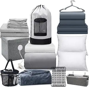 42 Pcs College Dorm Essentials Set Twin XL Bedding Bundle Bedding Bathroom and Storage Supplies Totally Complete for Guys College Dorm School, Gray