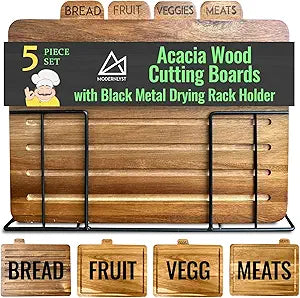 Acacia Cutting Boards for Kitchen with Holder 13" x 11" x 2.5" | Labeled Wood Cutting Board Sets | Large Wooden Cutting Board Set of 4 with Black Organized Stand | Non Toxic Chopping Board