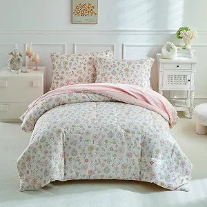 DuShow Floral Twin Comforter Set,5 Pieces Twin Bedding Set for Girls,Twin Bed in a Bag, All Season Kids Sheet Set with Comforter, Flat Sheet, Fitted Sheet, Pillowcase and Pillow Sham-Pink Floral