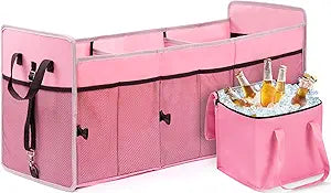 Car Trunk Organizer with Individual Cooler Bag - 3 Compartments Trunk Organizer for Car Collapsible Car Storage Organizer for SUV (Pink)