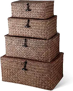 Woanger Set of 4 Wicker Baskets with Lids, Nautral Seagrass Storage Baskets, Woven Rectangular Basket Bins, Rattan Storage Organizer for Shelf Closet Bedroom(Coffee)