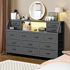 Dresser for Bedroom, 55" TV Stand with 14 Drawers, Long Dresser & Chests of Drawers with Shelves & Sturdy Metal Frame & Wood Top (Black)