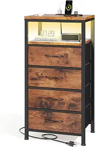 Sweetcrispy Nightstand with Charging Station 4 Fabric Drawers Bedside Table