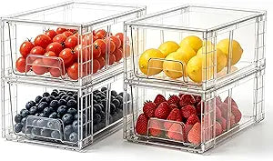 4 Pack Stackable Storage Drawers with Handles, Easy Assembly Clear Acrylic Fridge Organizer, Refrigerator Organizers and Storage for Kitchen, Under Sink, Pantry, Bathroom