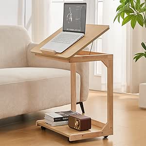 CozyDH Bedroom Side Table - Wooden End Tables Bedroom, C Shaped End Table with Wheels, Small Rolling Table for Bedside, Skinny Tray Desk for Sofa/Couch/Living Room, Natural