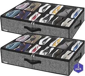 Onlyeasy Sturdy Under Bed Shoe Storage Organizer, Set of 2, Fit 12 to 24 Pairs, Underbed Shoes Closet Storage Solution with Clear Window, Breathable, L29.3 x W23.6 x H5.9, Linen-like Black, MXAUBSB2P