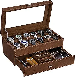 Watch Box 12-Slot, Watch Case with Large Glass Lid, 2-Layer Mens Jewelry Box, Watch Display Case with Removable Watch Pillows, Watch Holder Organizer Watch Storage for Men Father's Day Espresso SSH12Z