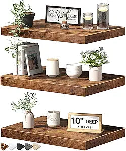 QEEIG 10" Deep Floating Shelves for Wall - 10 x 16 inch Book Shelf Bathroom Bedroom Kitchen Living Room Hanging Bookshelf Farmhouse Set of 3, Rustic Brown (025-40BN3)
