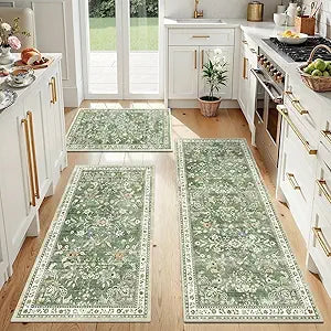 Yamaziot Washable Kitchen Rug Set of 3  Non Slip Boho Floral Hallway Runner Rug with Rubber Backing, Low Pile Kitchen Mats for Floor, Laundry, Desk (2x3+2x4+2x5,Green)