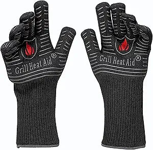 GRILL HEAT AID BBQ Grill Gloves Heat Proof for Grilling  Fireproof 1472F Heat-Resistant Grill Mitts for Outdoor Barbecue and Smoker, Campfire, Fire Pit, Oven Glove with Fingers for Baking Pizza