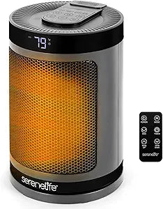 SereneLife Portable Space Heater Γ 1500W PTC Ceramic Electric Heater with Thermostat, Remote, 12-Hour Timer, 3 Heating Modes, Oscillation, Safe & Quiet for Home, Office, Bedroom (Gray)