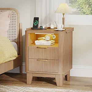 Baoz Fluted Nightstand with Charging Station,LED Smart End Table with 2 Storage Drawers and Open Shelf, Curved Profile Design Natural Wood Bedside Table for Bedroom (Natrual Wood)