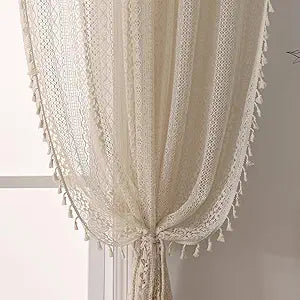 WAZZIO Boho Lace Curtains 90 Inches 2 Panel,Light Filtering Privacy Tassel & Geometry Crochet Semi Sheer Curtain Drapes for Bedroom Living Dining Room,Rod Pocket & Tassel,Vintage Farmhouse Decor,Beige