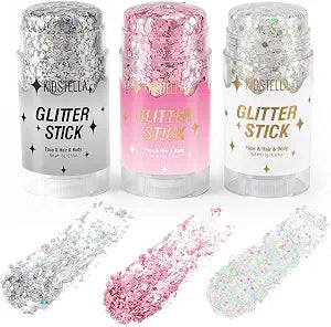 Kidstella Body Face & Hair Glitter Stick, Chunky Pink Silver White Glitter