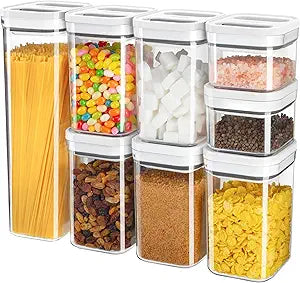 MR.SIGA 8 Piece Airtight Food Storage Container Set, BPA Free Kitchen Pantry Organization Canisters, One-handed Airtight Plastic Containers with Lids for Cereal, Spaghettie, Pasta,White