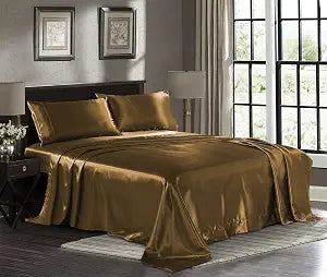 Satin Sheets Twin [3-Piece, Coffee] Hotel Luxury Silky Bed Sheets - Extra Soft 1800 Microfiber Sheet Set, Wrinkle, Fade, Stain Resistant - Deep Pocket Fitted Sheet, Flat Sheet, Pillow Cases