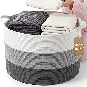 XXXXL 125L Extra Large Blanket Basket, 23.6"x16.9" Giant Woven Cotton Rope Storage Basket with Handle Laundry Hamper Toys Organizer Bin for Living Room Nursery Play Room(White, Light Gray & Dark Gray)